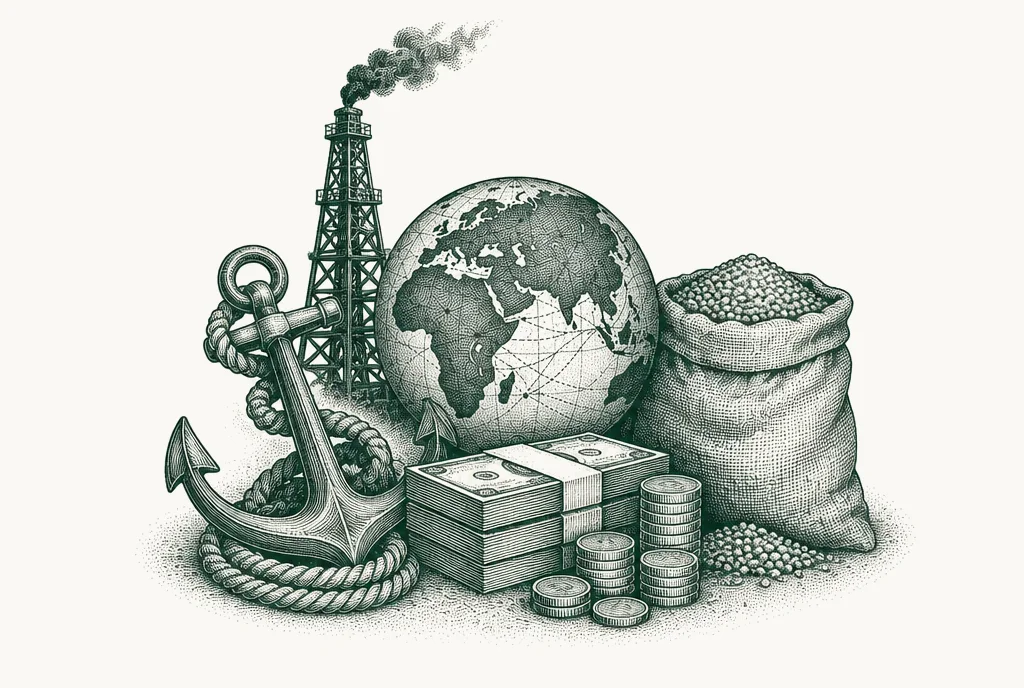 Engraving of an oil derrick, an anchor, banknotes and coins and a fertiliser sack around a globe