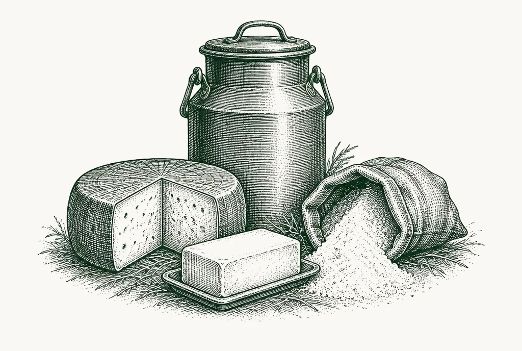 Engraving of a milk churn, a wheel of cheese, butter and a sack of milk powder