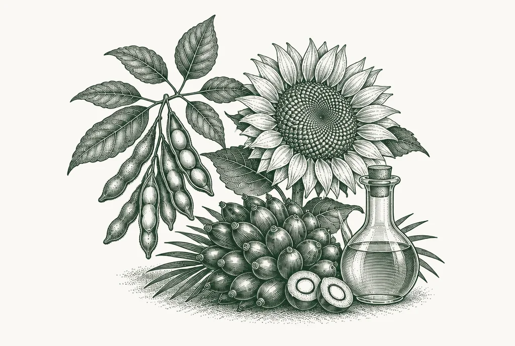 Engraving of a soybean branch, a sunflower, oil palm fruit and a flask of oil