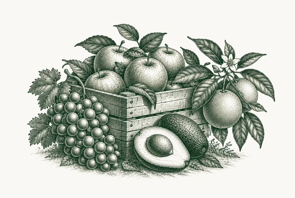Engraving of a crate of apples, grapes, oranges and a halved avocado
