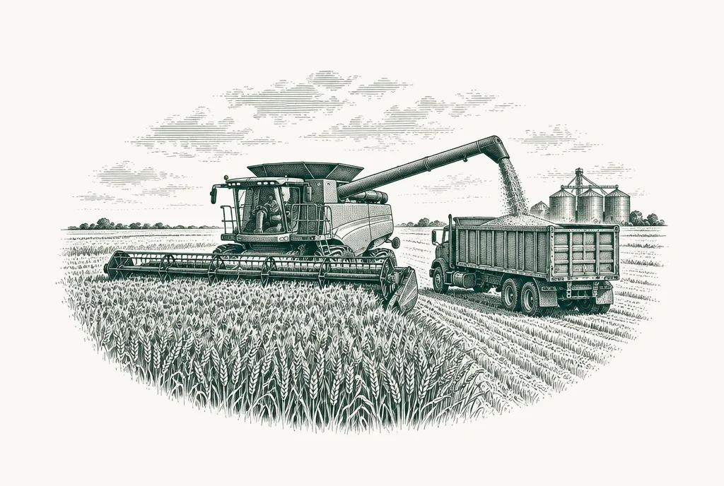 Engraving of a combine harvester unloading wheat into a truck, with silos on the horizon