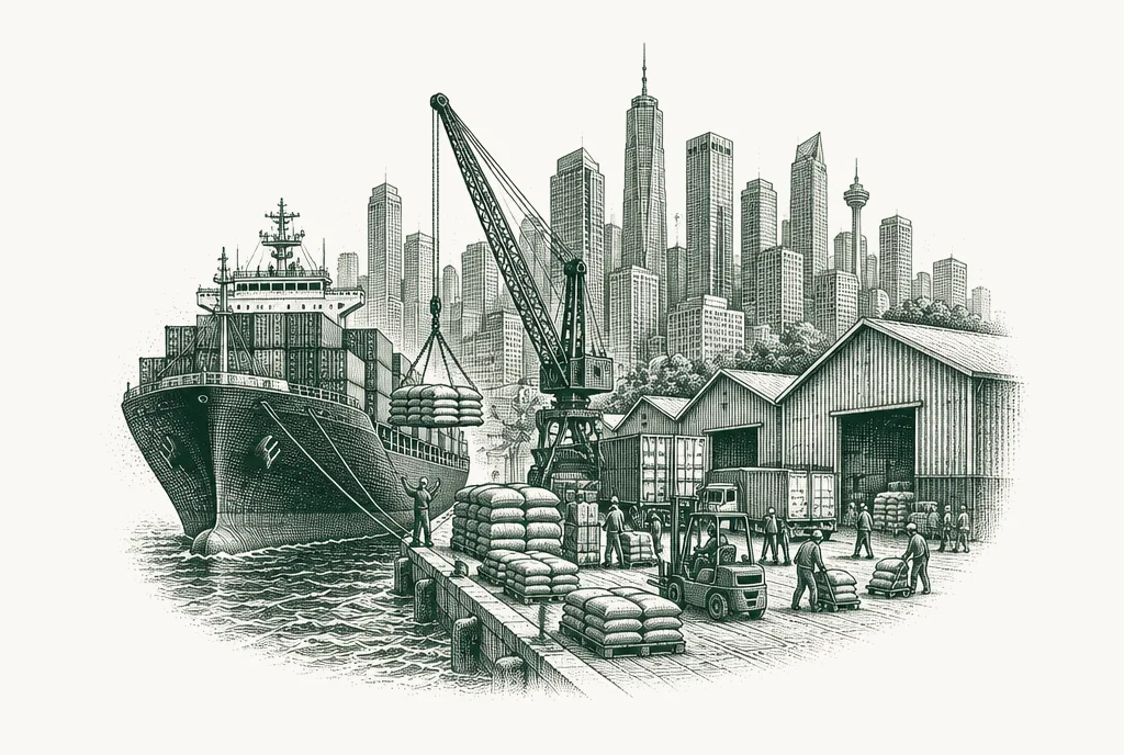 Engraving of a cargo ship unloading on a quay in front of warehouses and a city skyline