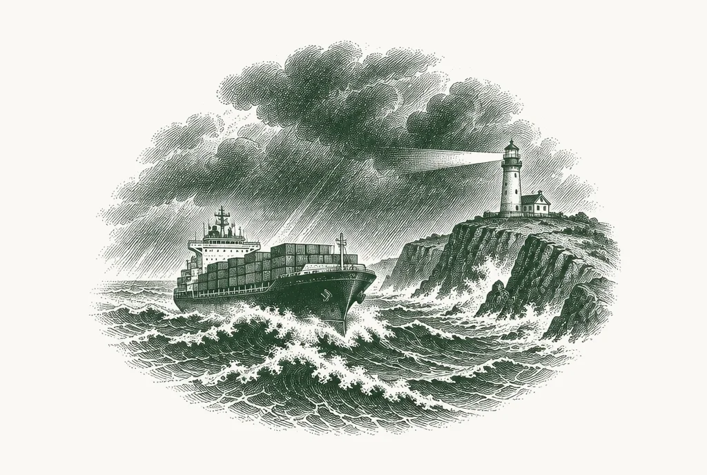 Engraving of a cargo ship rounding a stormy cape past a lighthouse