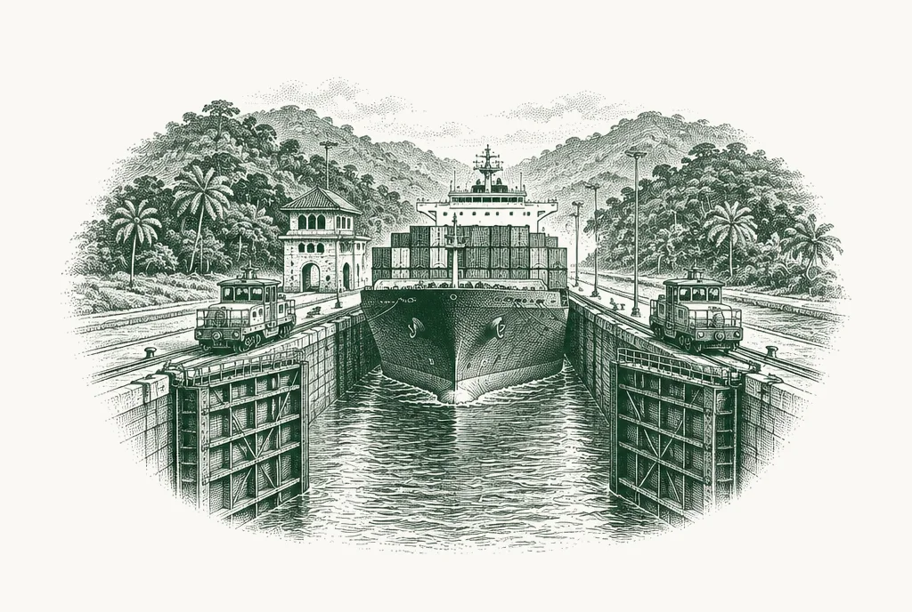 Engraving of a cargo ship rising in a canal lock chamber with towing locomotives beside it