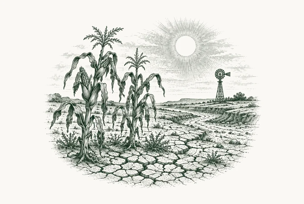 Engraving of withered corn in cracked earth under a harsh sun
