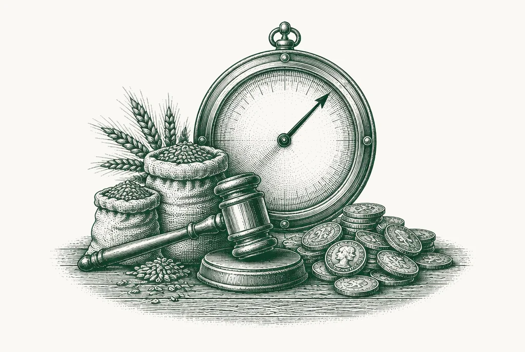 Engraving of an auctioneer's gavel, grain samples, coins and a dial with its needle swinging high