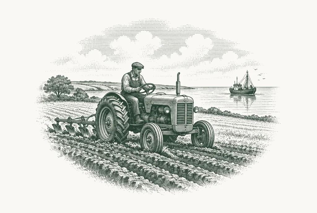 Engraving of a farmer ploughing with a tractor, with a fishing boat in the distance