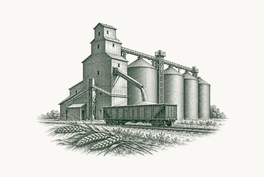 Engraving of a grain elevator and silos loading a railway wagon