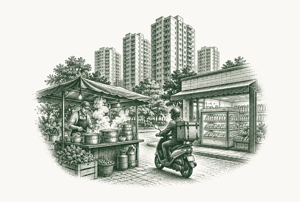 Engraving of a street-food stall below apartment towers, a delivery rider and a small supermarket