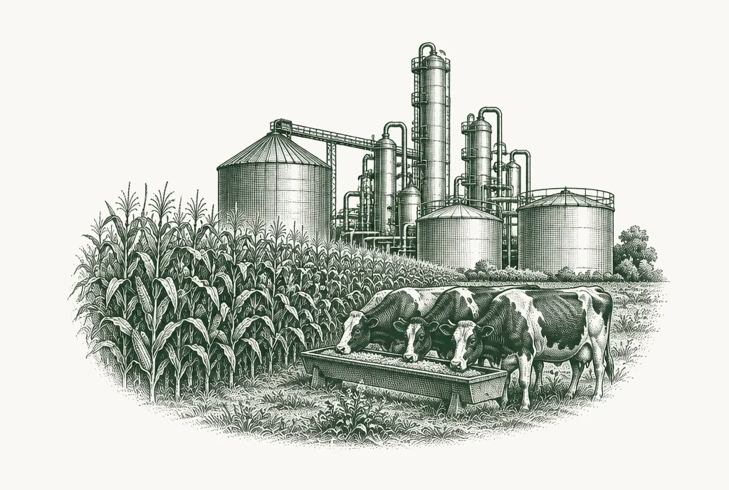 Engraving of a biofuel refinery beside a cornfield, with cattle at a feed trough